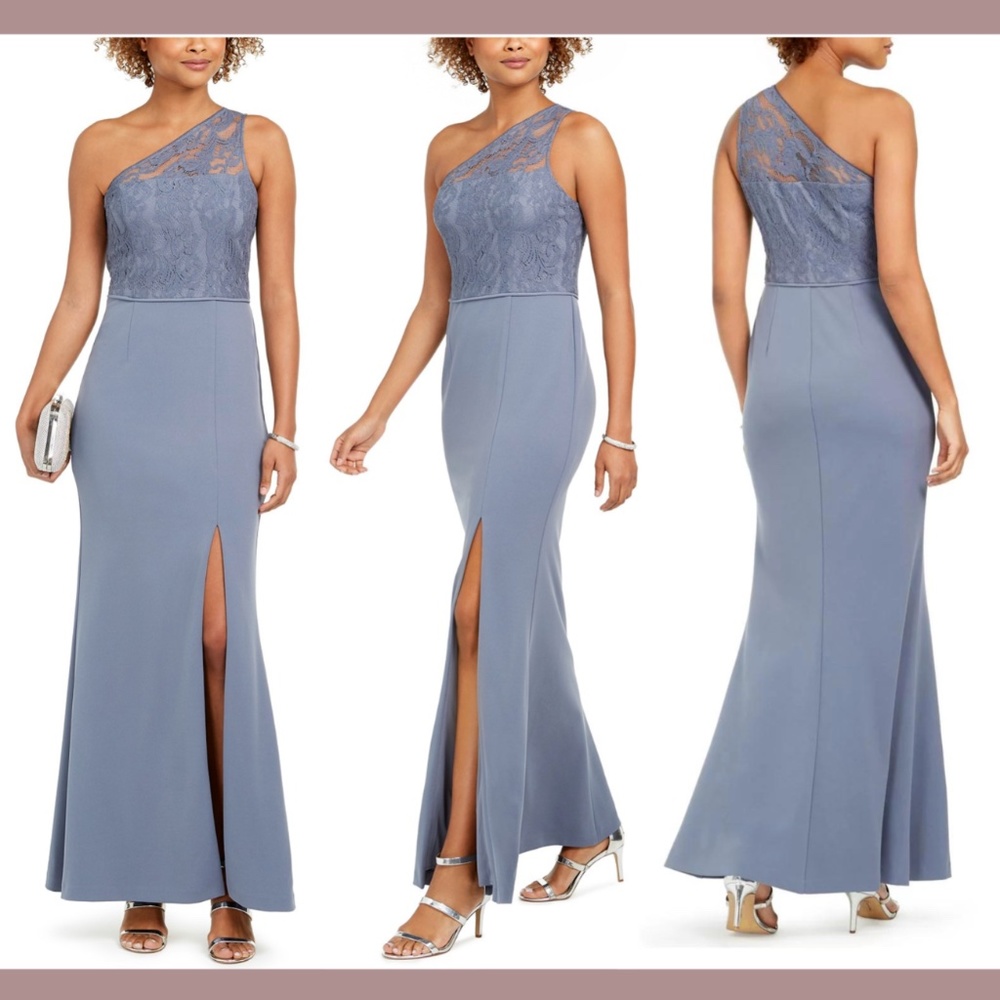 NWT Adrianna Papell [ 14 ] One‎ Shoulder Lace Formal Gown in Dusty Blue
